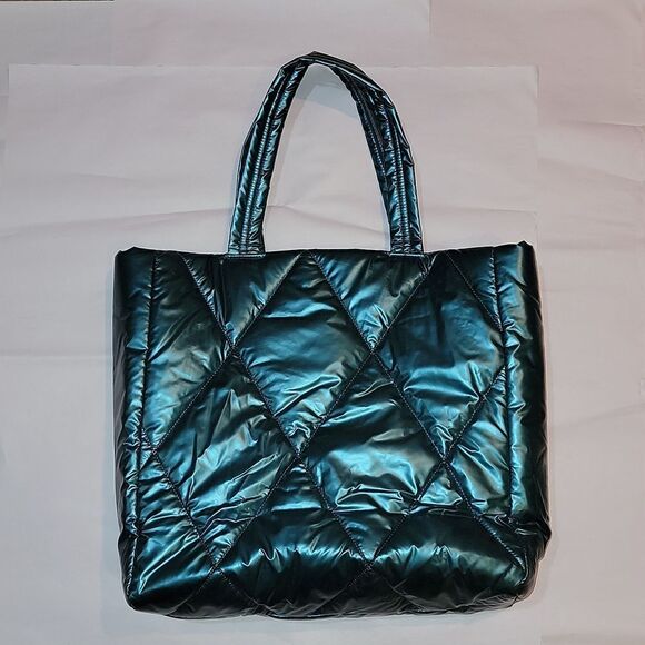 NWT Victoria's Secret Green Teal Quilted Puffer Tote Shopping Bag Handbag Purse - Picture 7 of 8